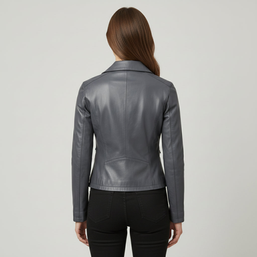 Women's Slim Fit Leather Biker Jacket with Frill Detail