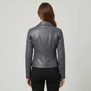 Women's Slim Fit Leather Biker Jacket with Frill Detail