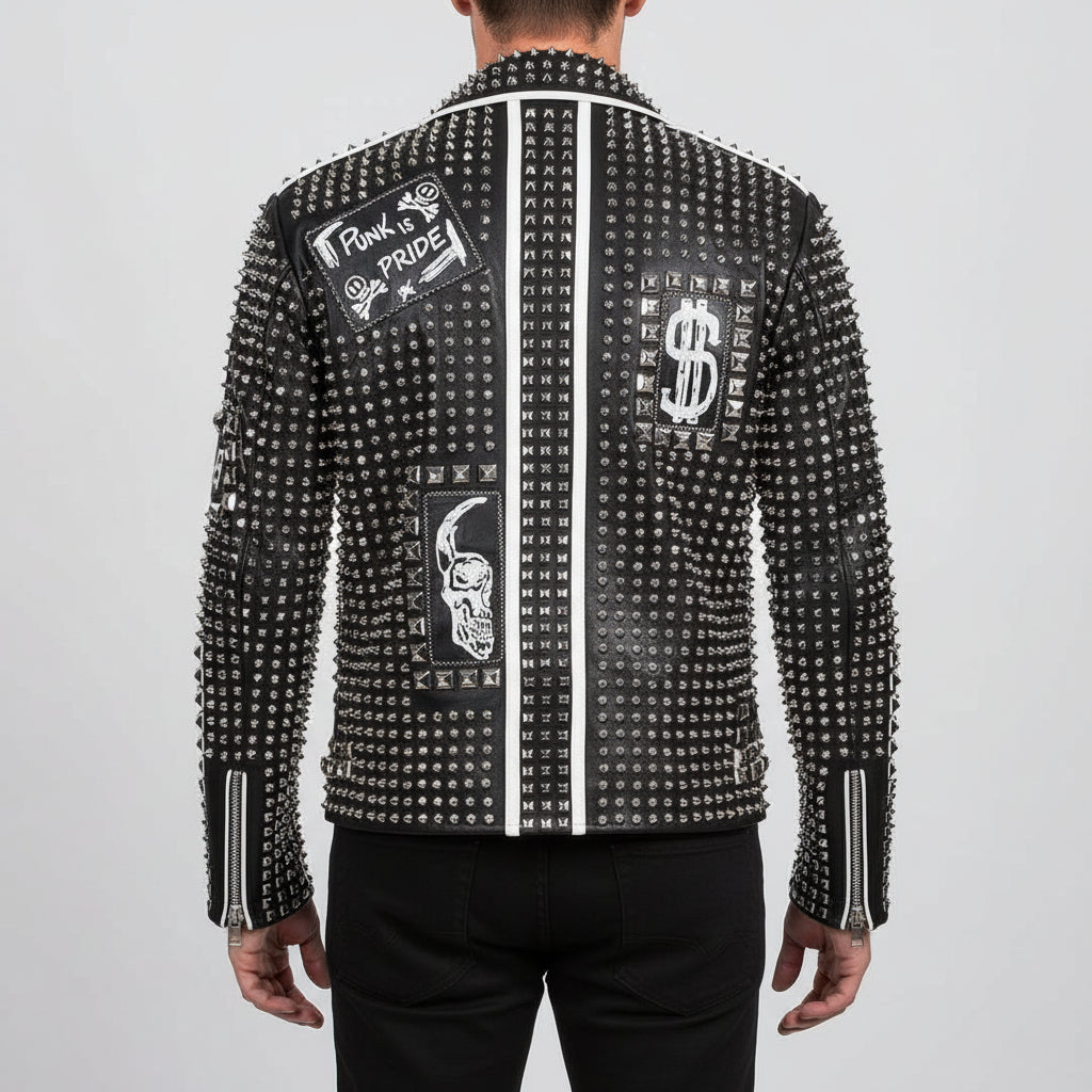 Men's Black Diamond Studded Brando Lapel Collar Leather Motorcycle Jacket