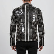 Men's Black Diamond Studded Brando Lapel Collar Leather Motorcycle Jacket