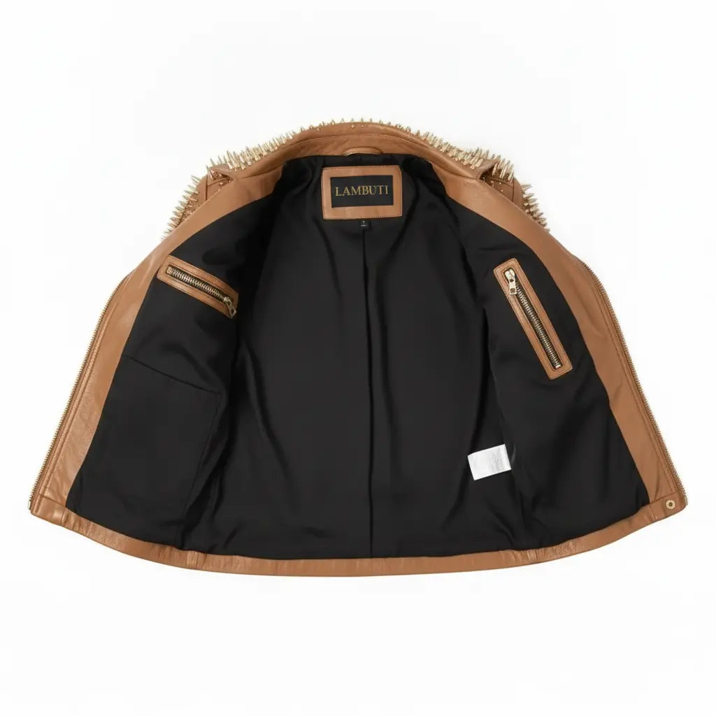Women's Tan Studded Leather Biker Jacket — Lancaster