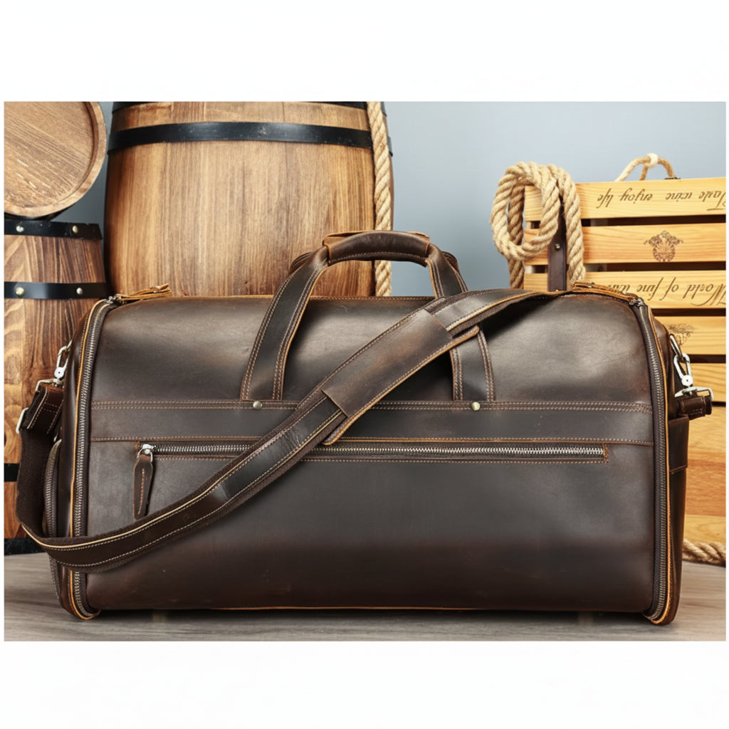 Full-Grain Leather Duffle Bag with Shoe Compartment
