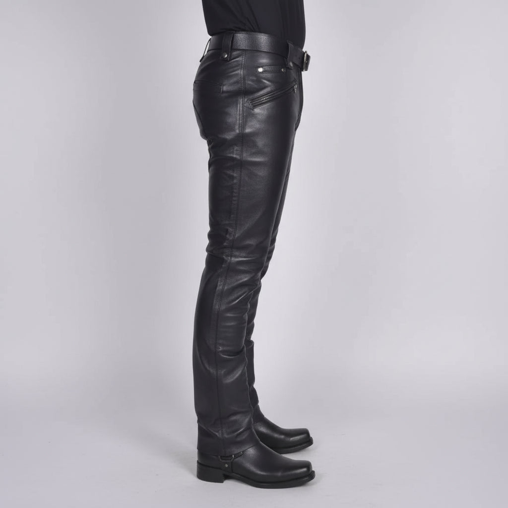 Men’s Black Genuine Leather Rocker Pants –Double Zip Moto Design