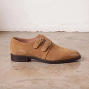 Men's Tan Suede Double Monk Strap Shoes — Lowell