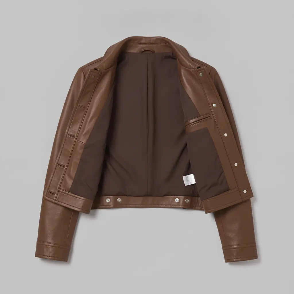 Women's Brown Cropped Leather Trucker Jacket — Glinton