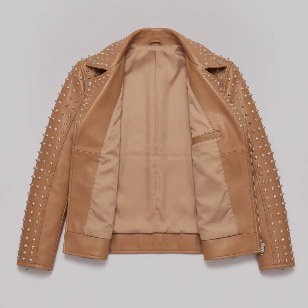 Men's Tan Studded Leather Biker Jacket — Acwood