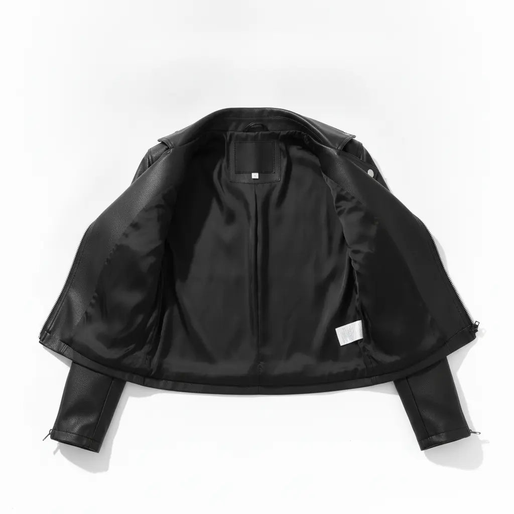 Women's Black Cropped Leather Biker Jacket — Lapford