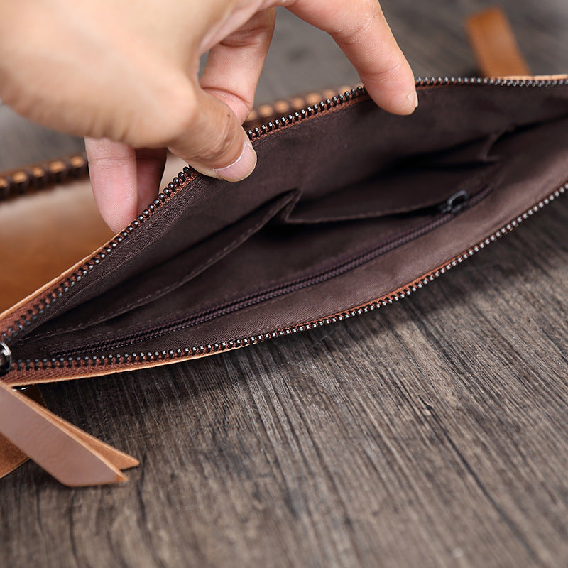 handmade Unisex Brown Wristlet Strap Full-Grain Leather Clutch Bag