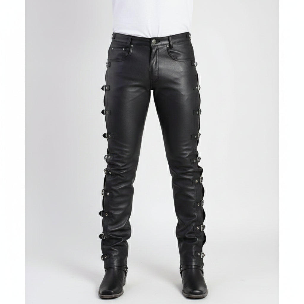 Men's Slim Fit Buckle Leather Pants for Casual and Party Wear