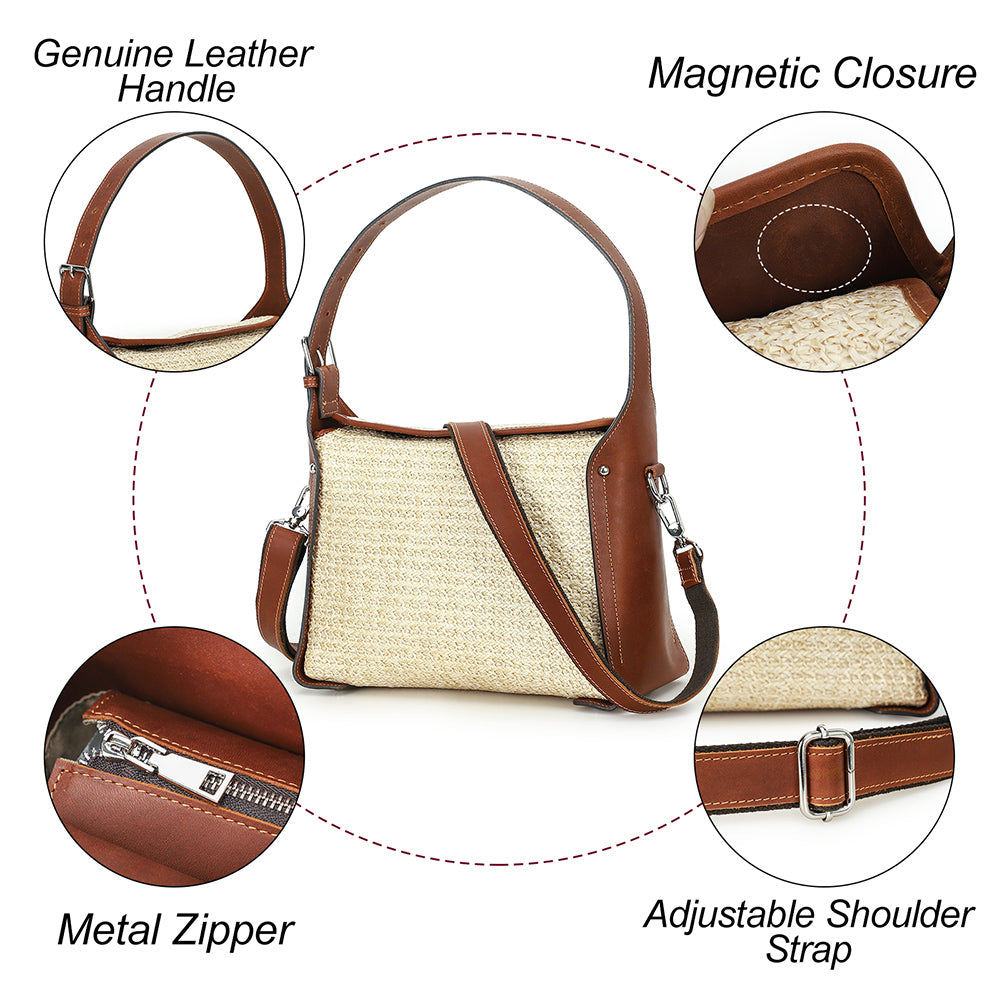 Women's Leather Trim Woven Straw Crossbody Shoulder Bag