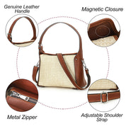 Women's Leather Trim Woven Straw Crossbody Shoulder Bag