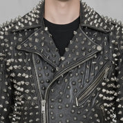 Men's Black Silver Studded Leather Biker Jacket — Nafferton
