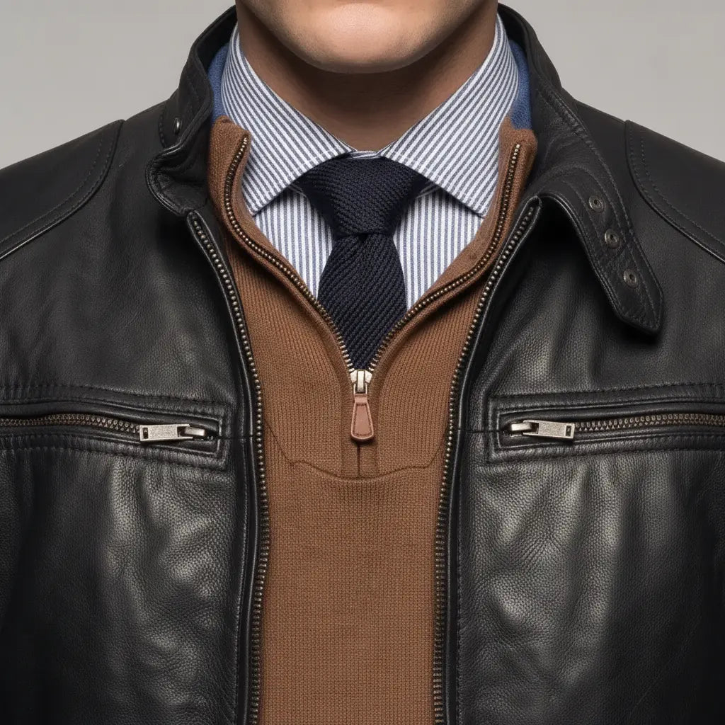 Men's Black Leather Biker Jacket — Stamford