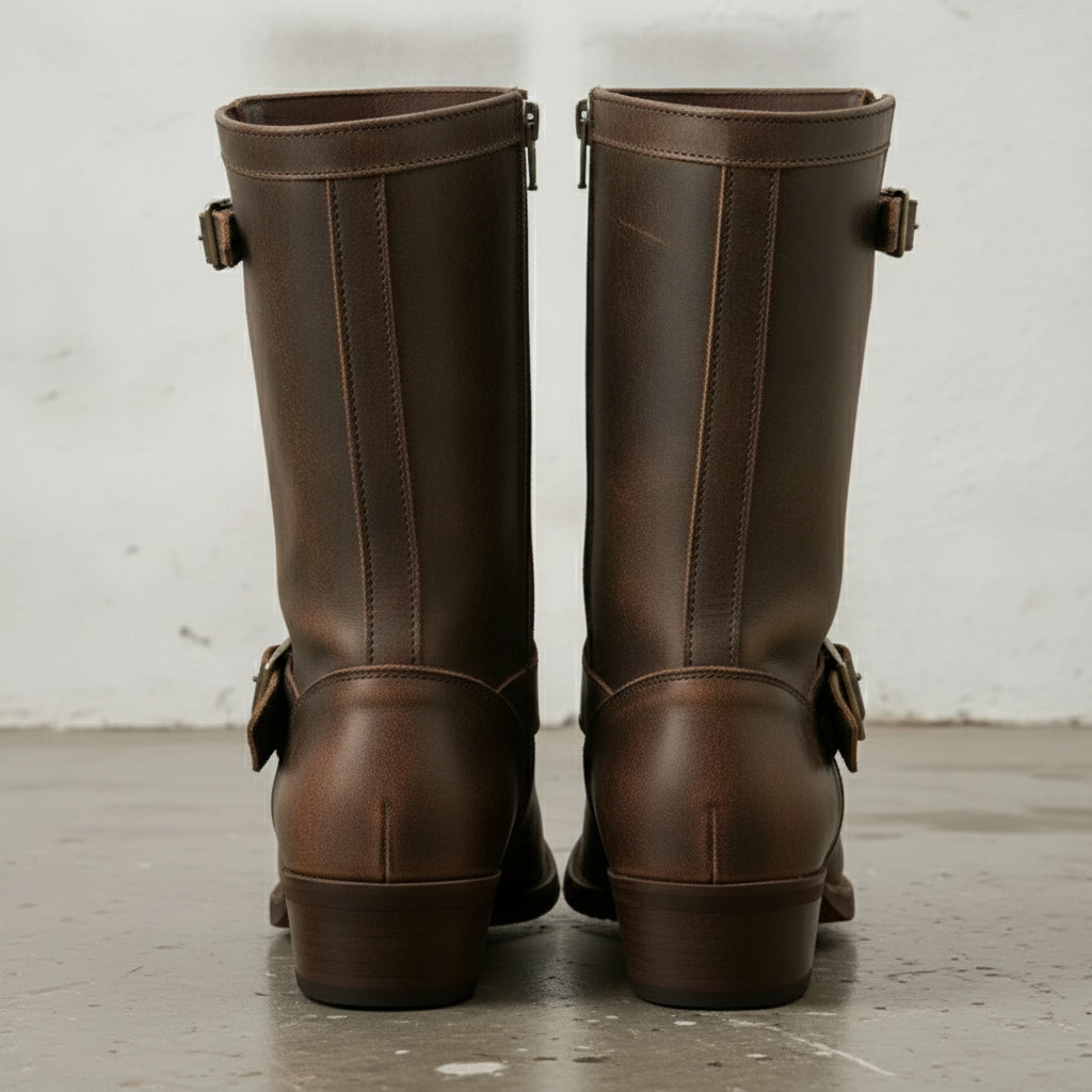 Men's Dark Brown Plain-Toe Leather Biker Boots
