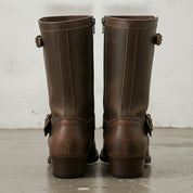 Men's Dark Brown Plain-Toe Leather Biker Boots