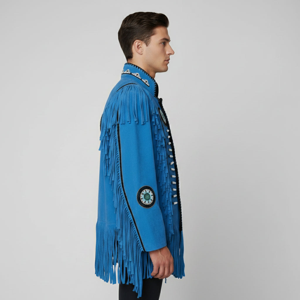 Men's Handmade Cowboy Western Leather Jacket, Western Style Genuine Suede Jacket with Fringes and Beads