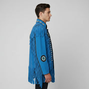 Men's Handmade Cowboy Western Leather Jacket, Western Style Genuine Suede Jacket with Fringes and Beads