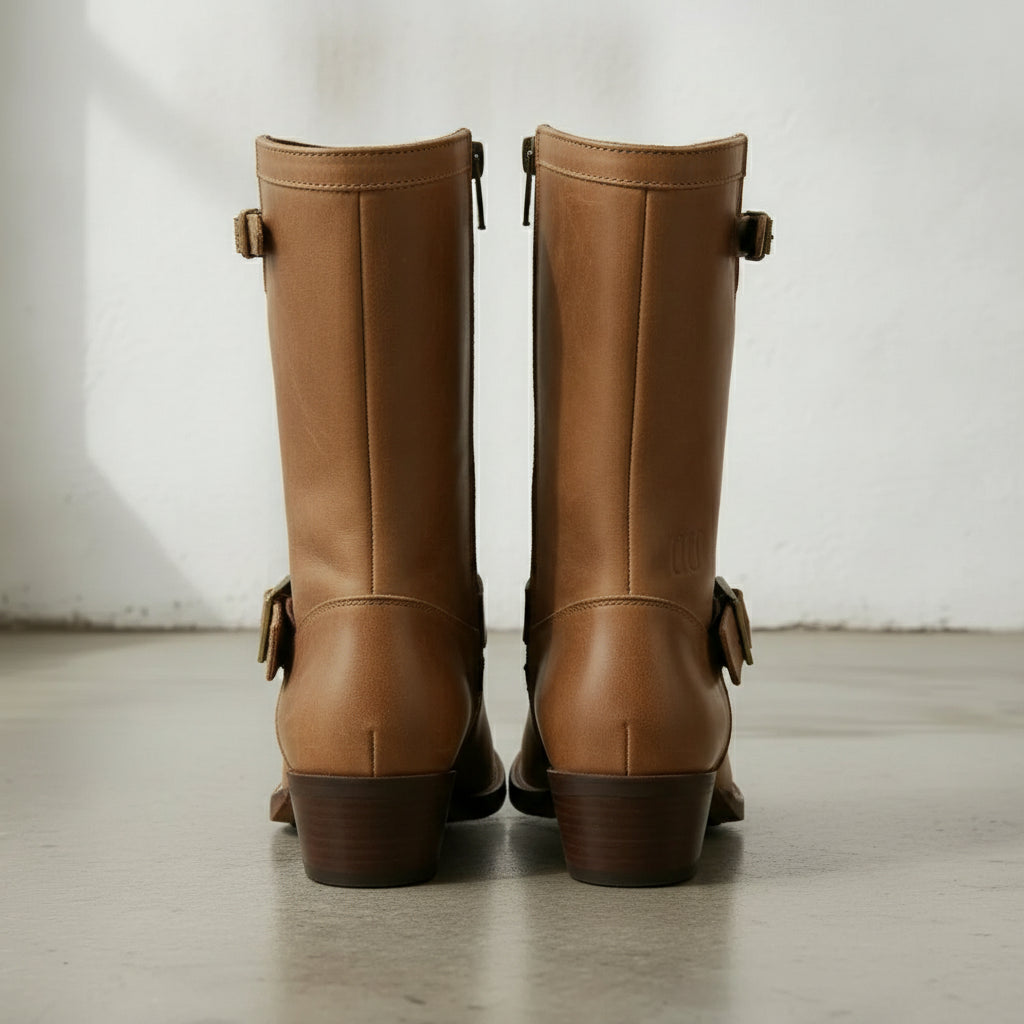 Men's Tan Plain-Toe Leather Biker Boots