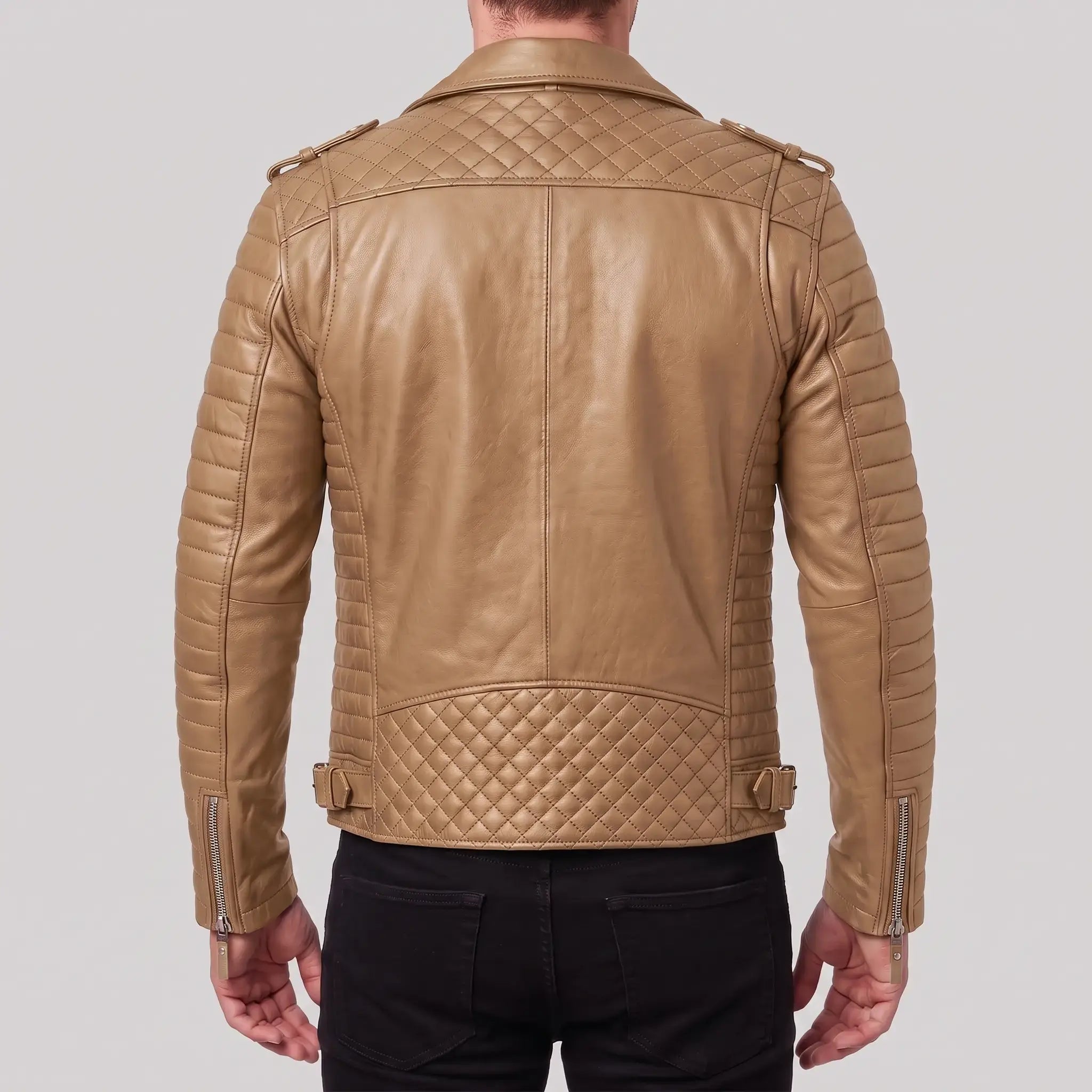 Men's Tan Leather Double Rider Biker Jacket — Carson