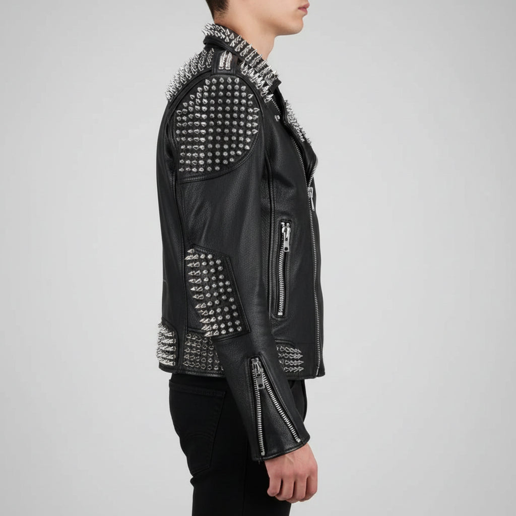 Men's Handmade Long Spiked Studded Leather Jacket - Black & Silver
