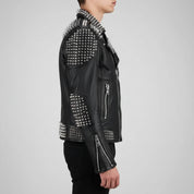 Men's Handmade Long Spiked Studded Leather Jacket - Black & Silver