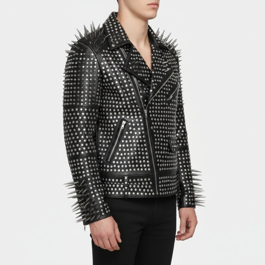 Handmade Men Full Black Punk Silver Long Spiked Studded Leather Brando Biker Jacket