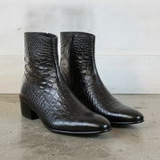 Men's Black Plain-Toe Crocodile-Embossed Leather Ankle Boots