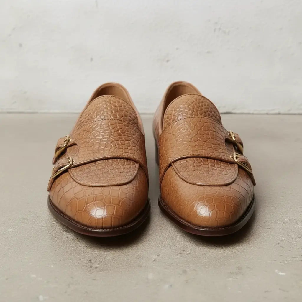 Men's Tan Crocodile-Embossed Leather Double Monk Shoes — Bowman