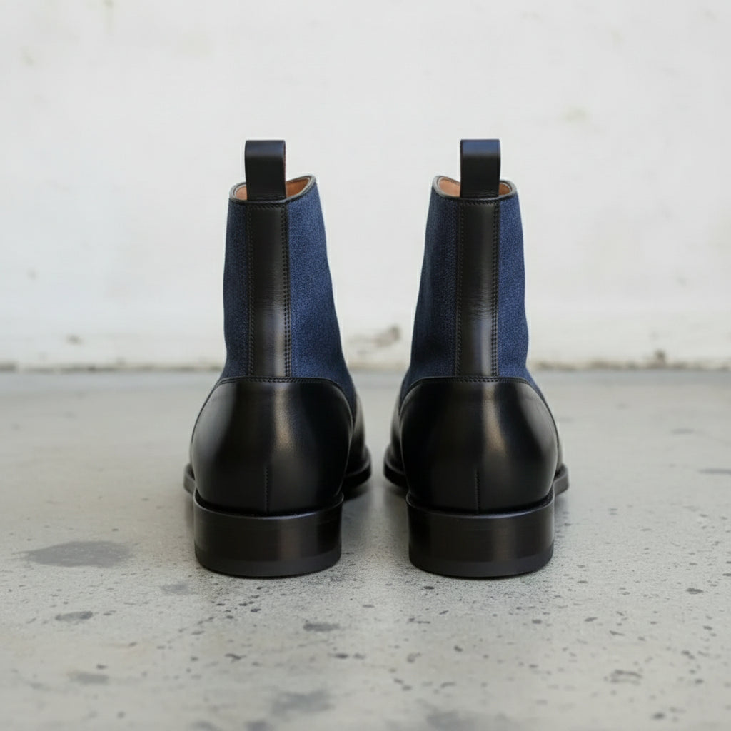 Men's Black and Blue Leather Button Boots