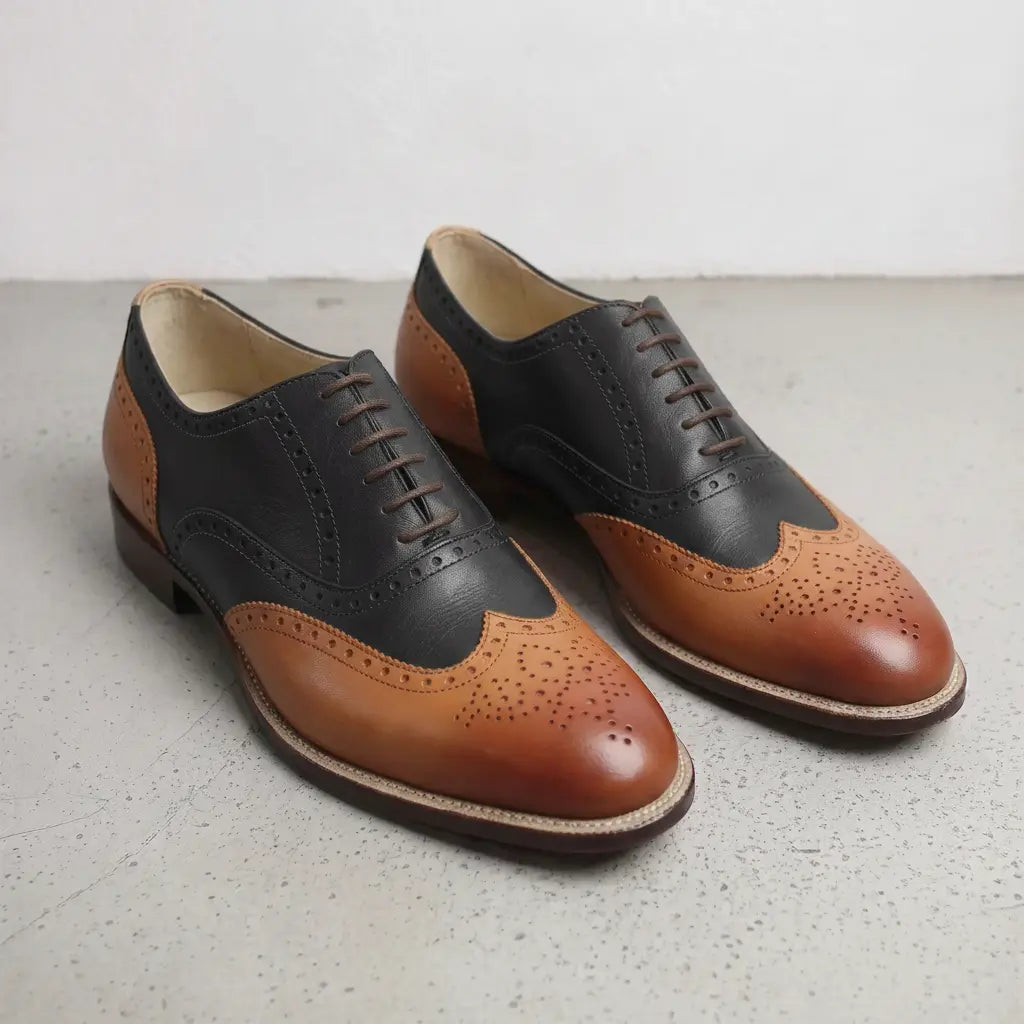 Men's Black and Brown Two-Tone Wingtip Leather Oxfords — Andover