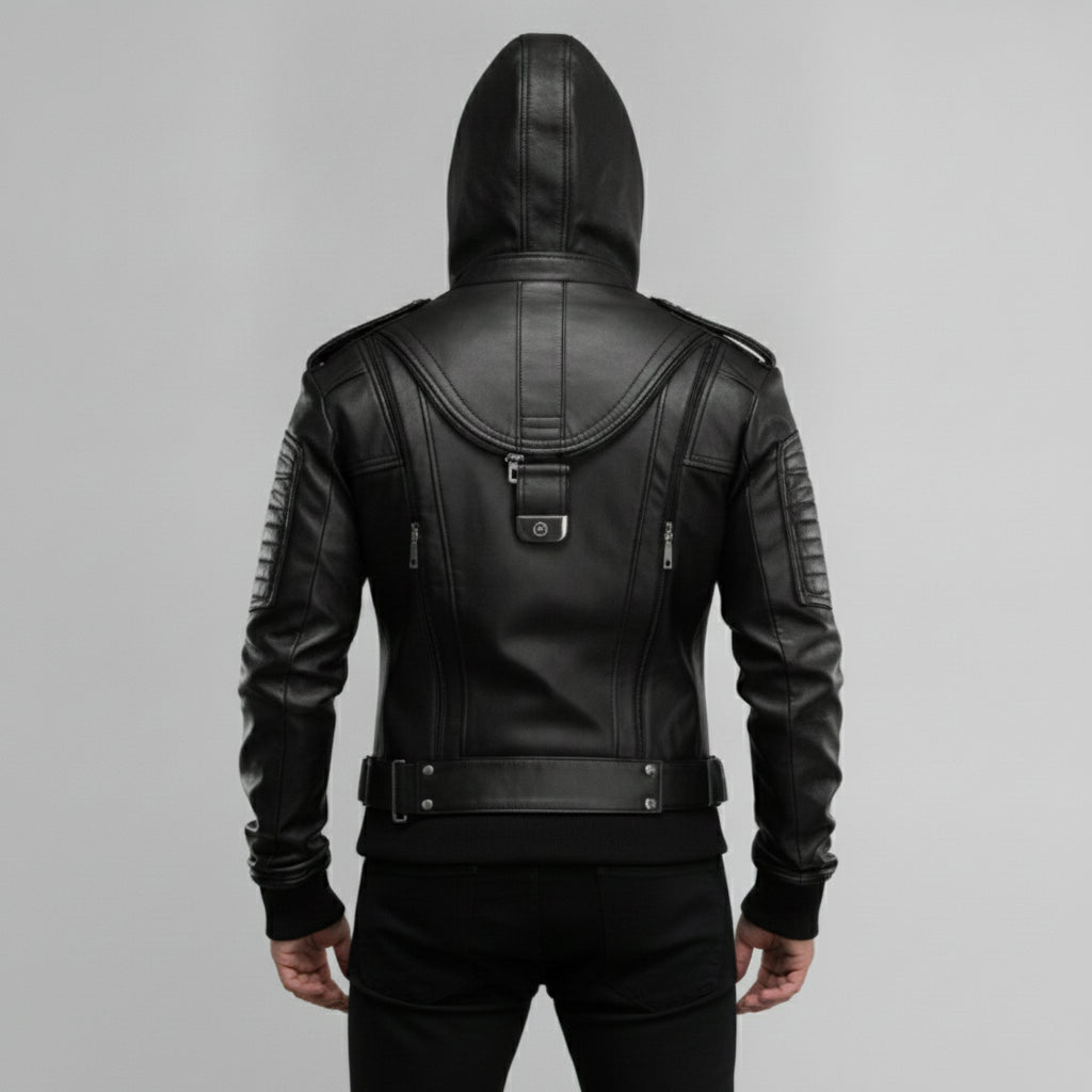 Men's Black Hooded Leather Biker Jacket