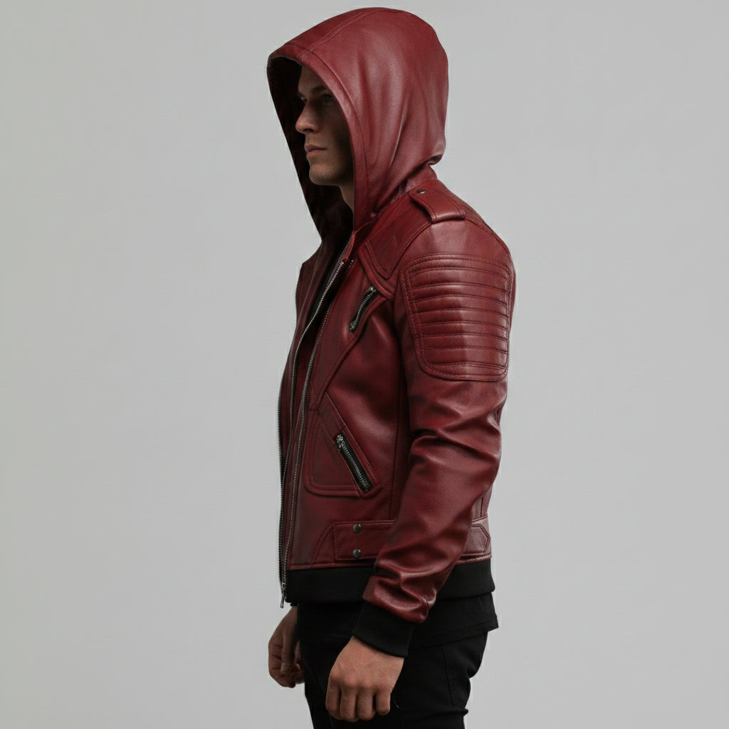 Men's Burgundy Hooded Leather Biker Jacket