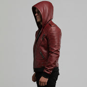 Men's Burgundy Hooded Leather Biker Jacket