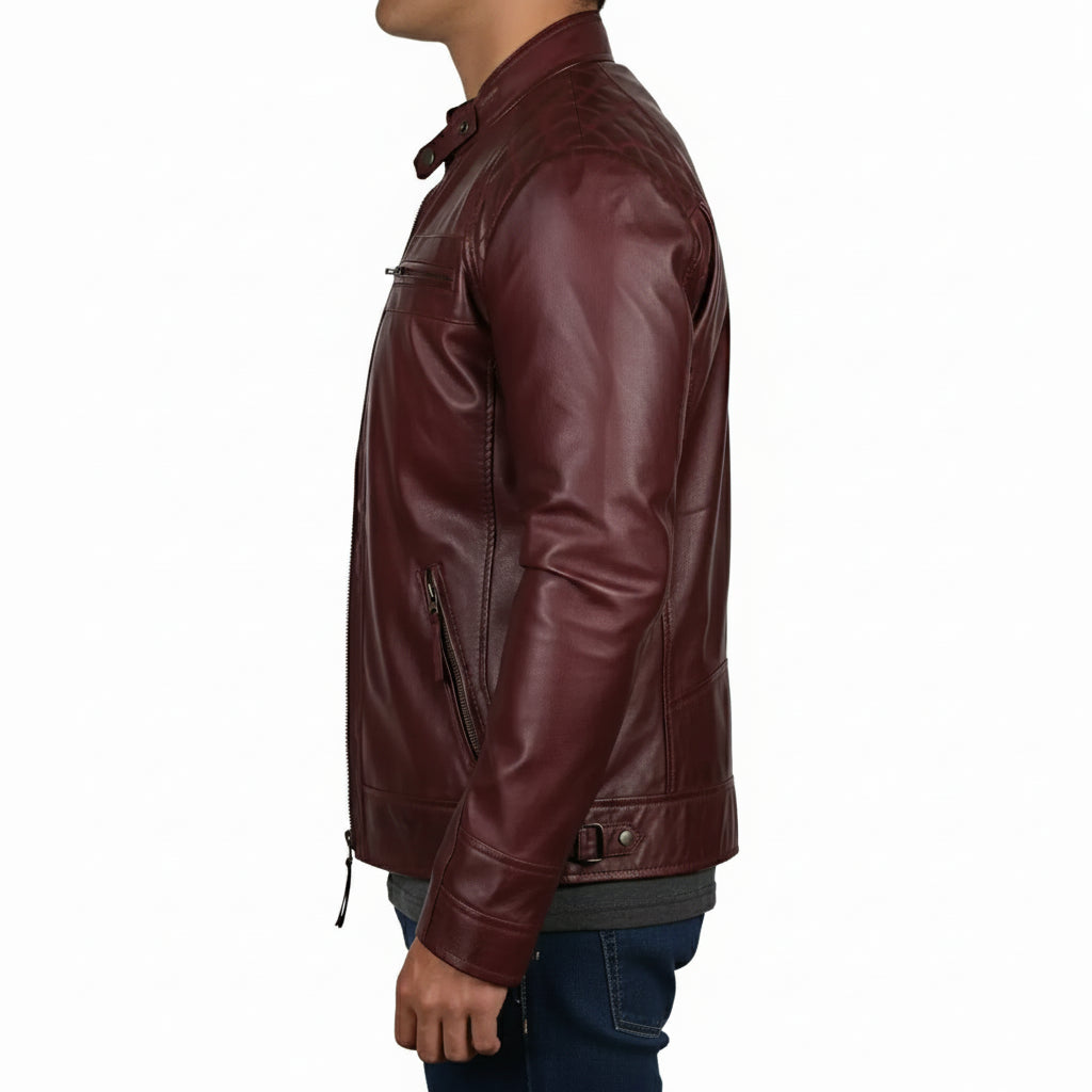 Handmade Maroon Leather Biker Jacket for Men. Motorcycle Jacket For Men