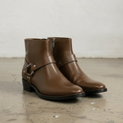 Men's Brown Plain-Toe Leather Ankle Biker Boots