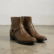 Men's Brown Plain-Toe Leather Ankle Biker Boots — Atherton