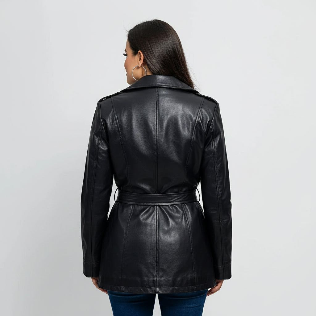 Gothic Dyed Leather Black Women's Long Jacket, Edgy Long Leather Jacket for Women in Black