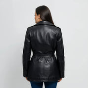Gothic Dyed Leather Black Women's Long Jacket, Edgy Long Leather Jacket for Women in Black
