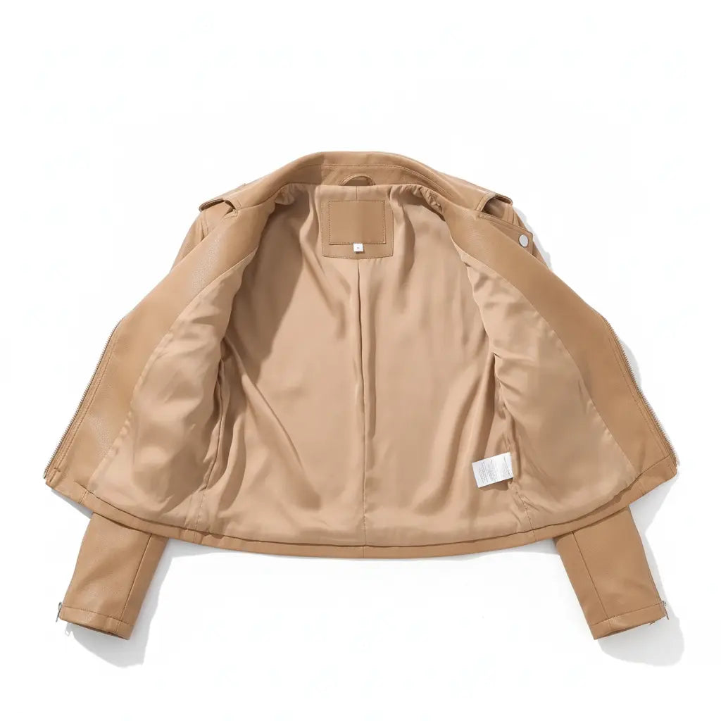 Women's Tan Cropped Leather Biker Jacket — Lapford