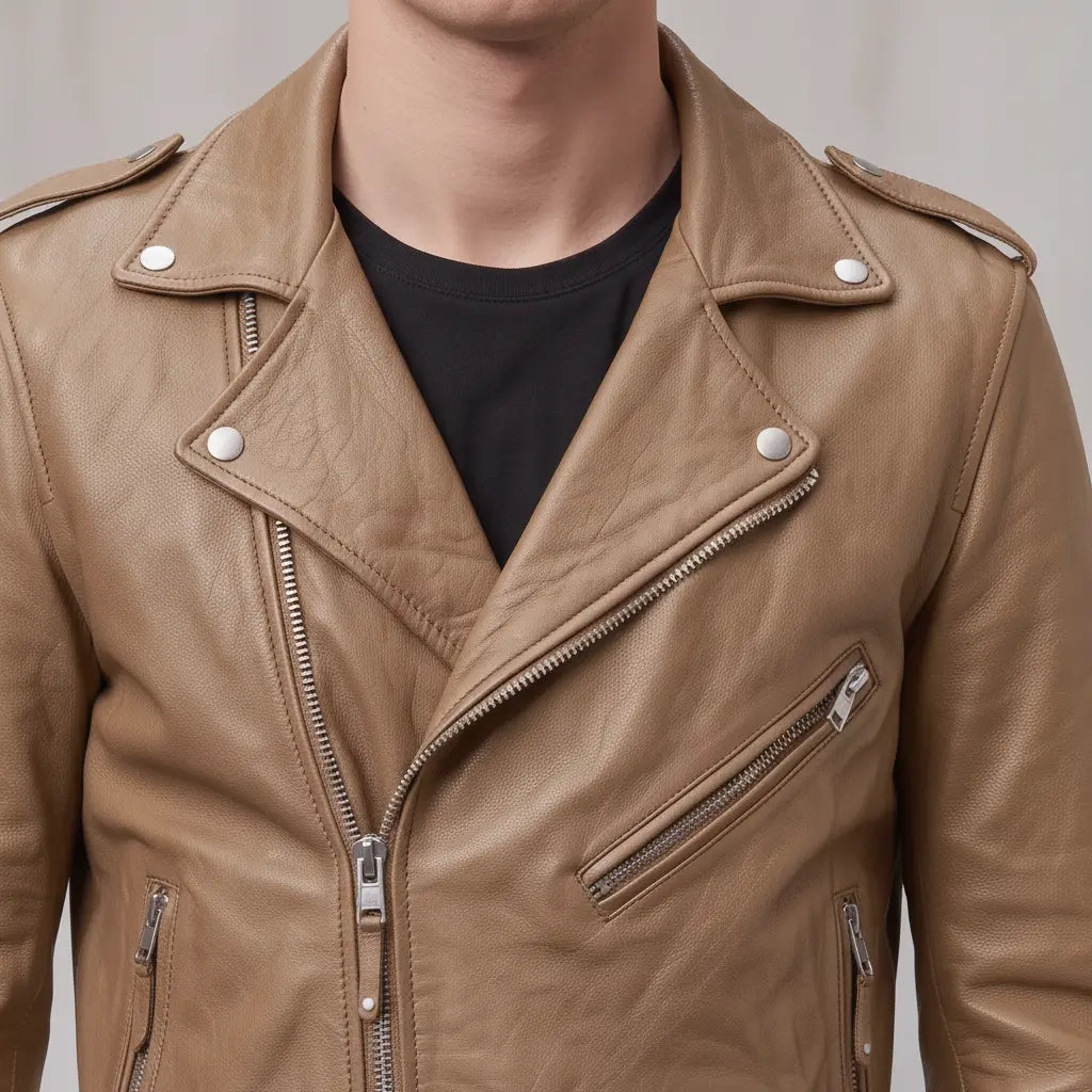 Men's Tan Leather Biker Jacket — Deaville