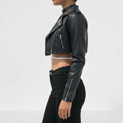 Women's Black Cropped Leather Biker Jacket — Lapford