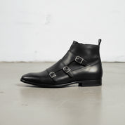 Handcrafted Men's Black Double Monk with Side Zipper Ankle Boots
