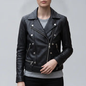 Women's Black Belted Leather Biker Jacket — Gillard