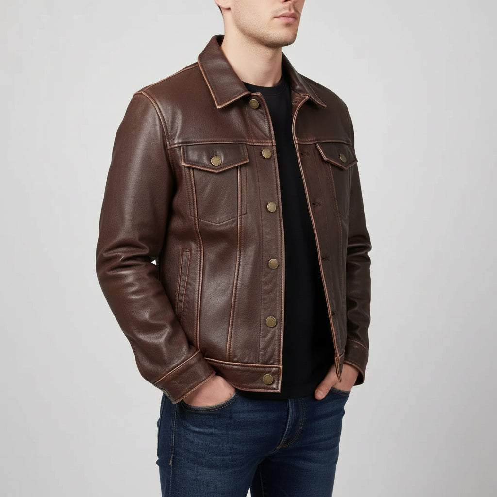 Men's Brown Vintage Slim Fit Trucker Racer  Leather Jacket