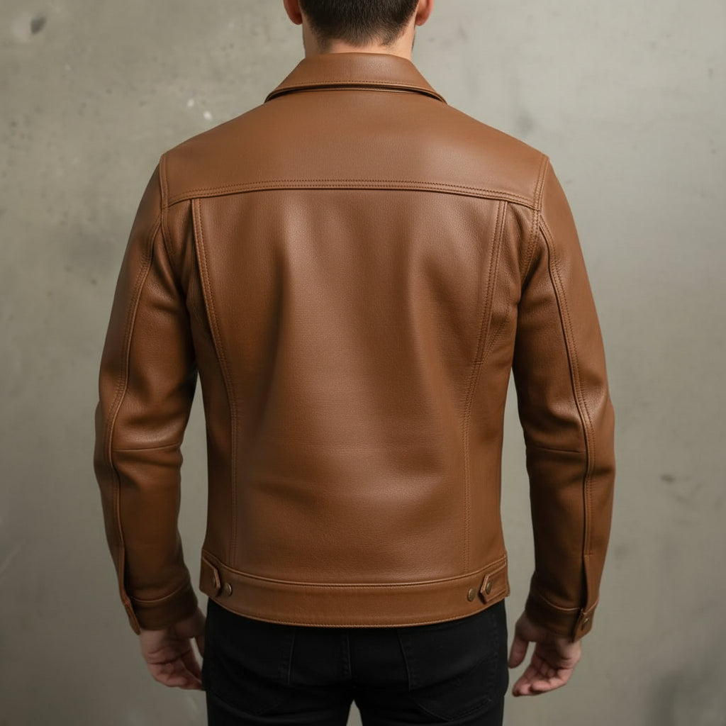 Men's Handmade Brown Leather Trucker Jacket