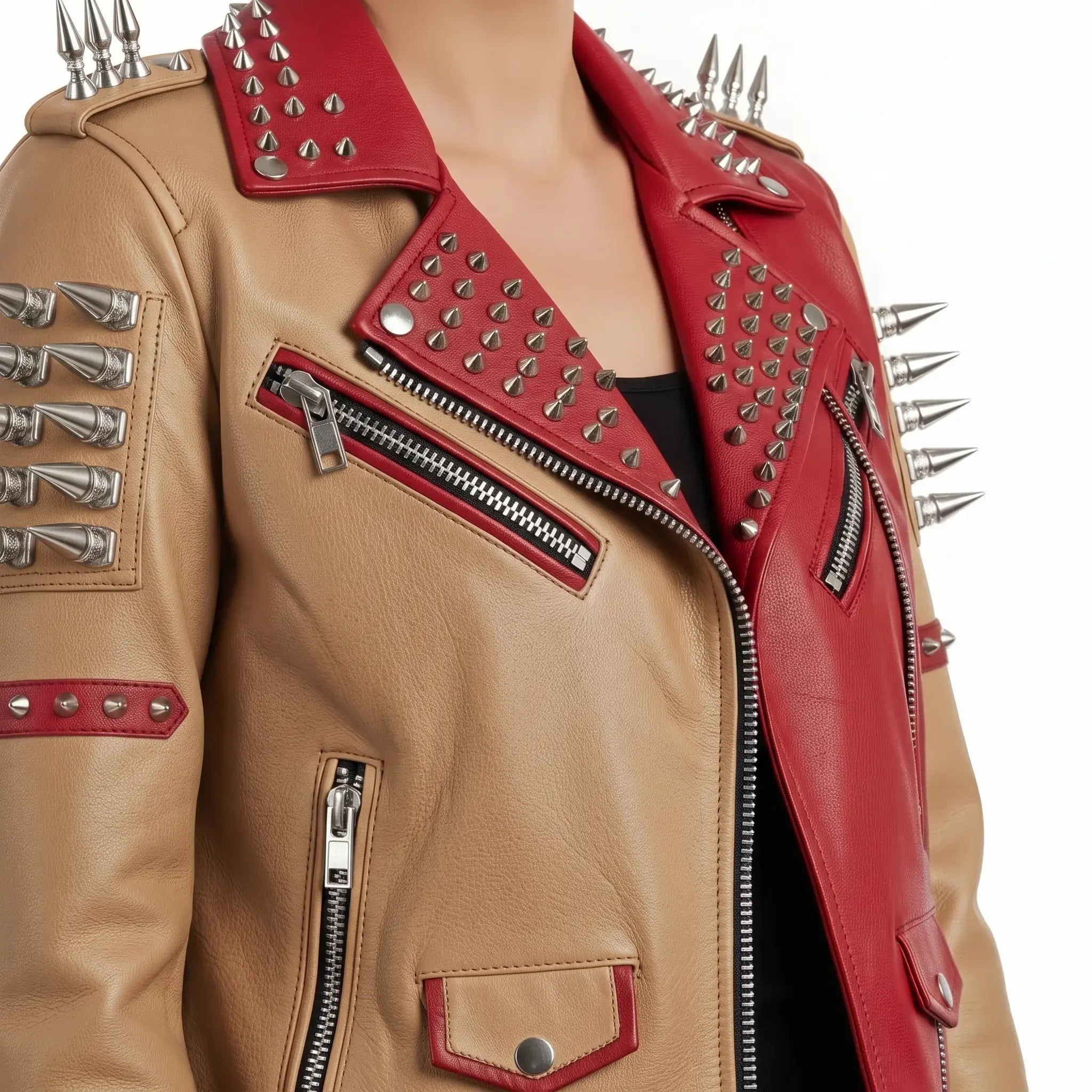 Women's Tan and Red Asymmetric Zip Leather Perfecto Biker Jacket — Angus