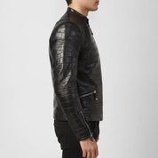 Men's Black Crocodile-Embossed Leather Biker Jacket — Malvern