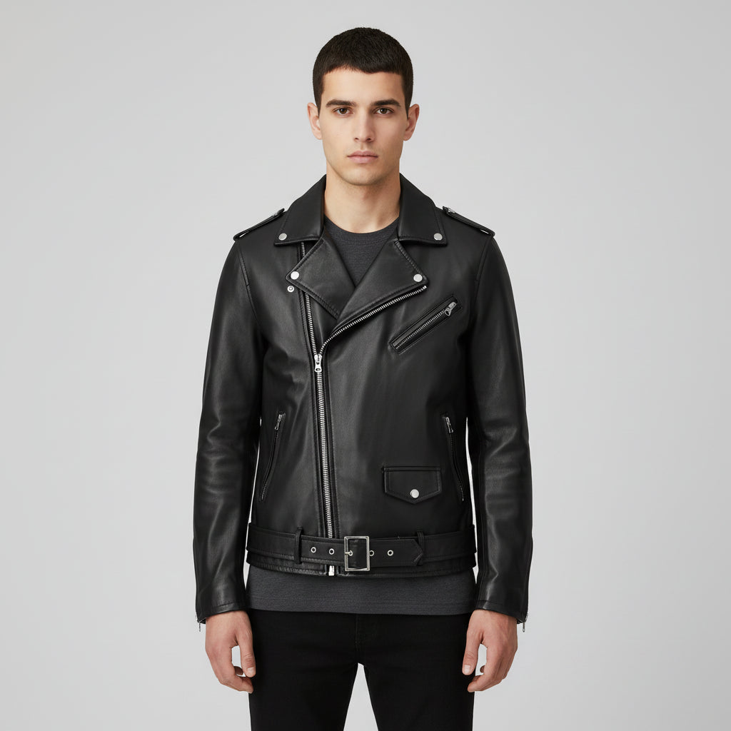 Men's Black Full-Grain Leather Belted Biker Jacket