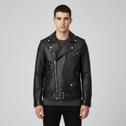 Men's Black Full-Grain Leather Belted Biker Jacket