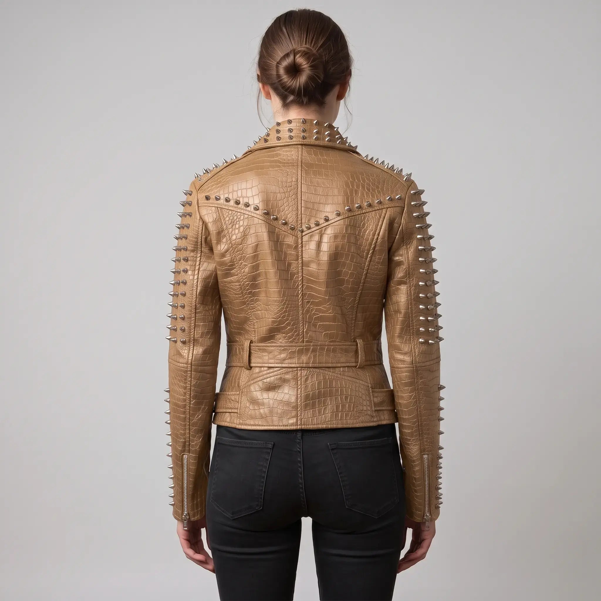 Women's Tan Alligator-Embossed Leather Studded Biker Jacket — Dunstall